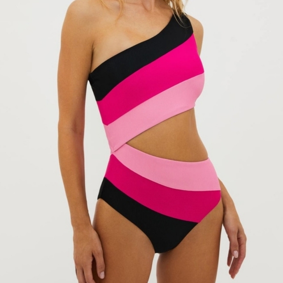 NEW Beach Riot Joyce cutout one shoulder one piece swimsuit Black Pink XS